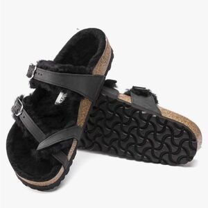 Birkenstock Mayari Fuzzy Shearling Black Sandals Size 36 Ladies 5